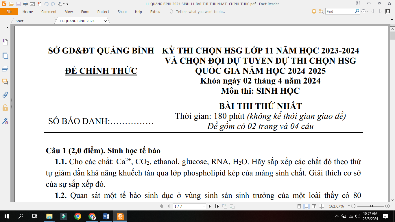 Đề thi chọn đội tuyển dự thi Quốc gia sinh 11